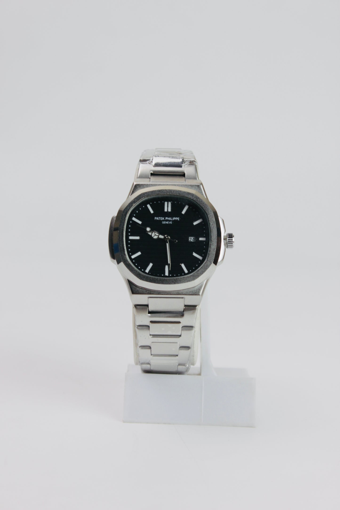 Patek Philippe Black And Silver Nautilus Stainless Steel Watch