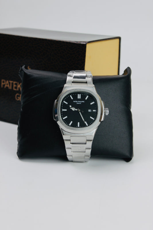 Patek Philippe Black And Silver Nautilus Stainless Steel Watch