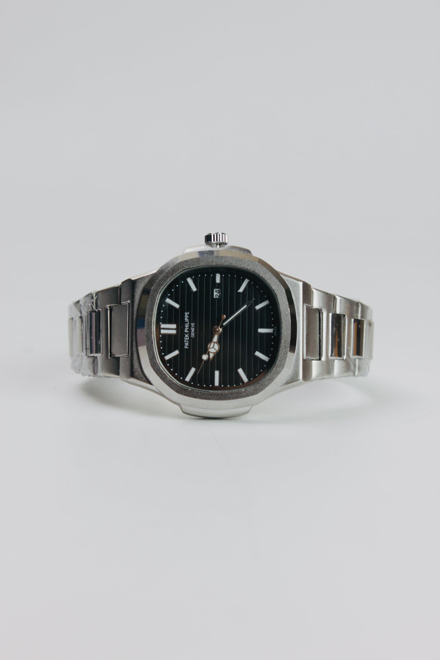 Patek Philippe Black And Silver Nautilus Stainless Steel Watch