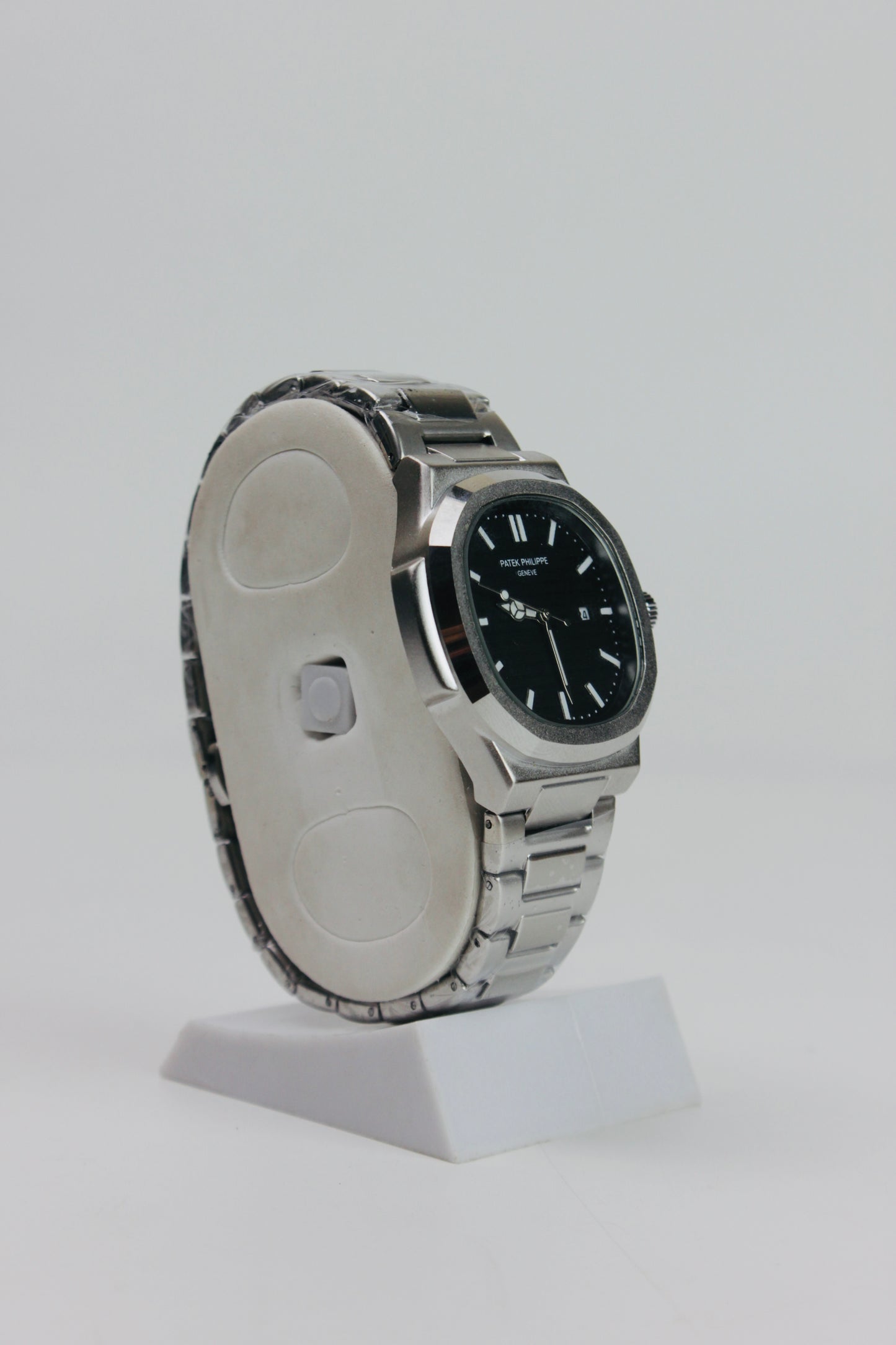 Patek Philippe Black And Silver Nautilus Stainless Steel Watch
