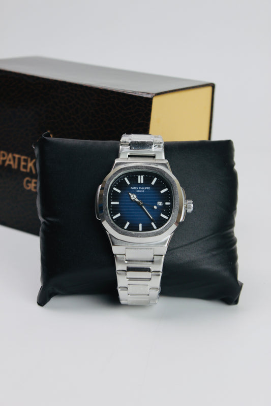 Patek Philippe Blue And Silver Nautilus Stainless Steel Watch