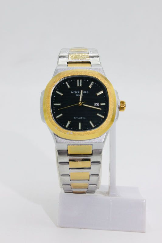 Patek Philippe Nautilus Style Men’s Quartz Watch – Two-Tone Gold & Silver with Black Dial