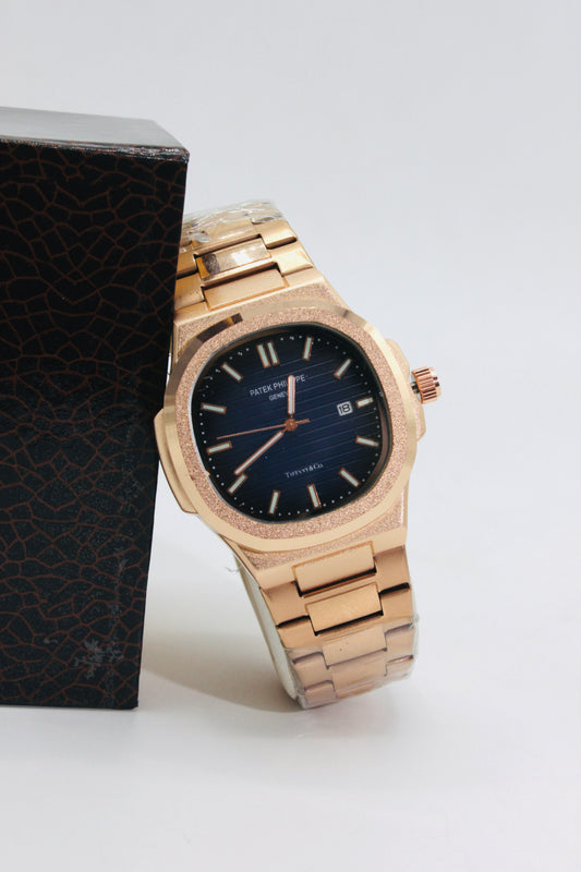 Patek Philippe Nautilus Style Quartz Men’s Watch – Frosted Gold Case with Midnight Blue Dial
